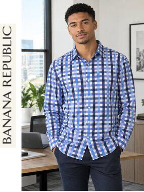 Banana Republic Grant Fit Non-Iron Plaid Button-Up Top